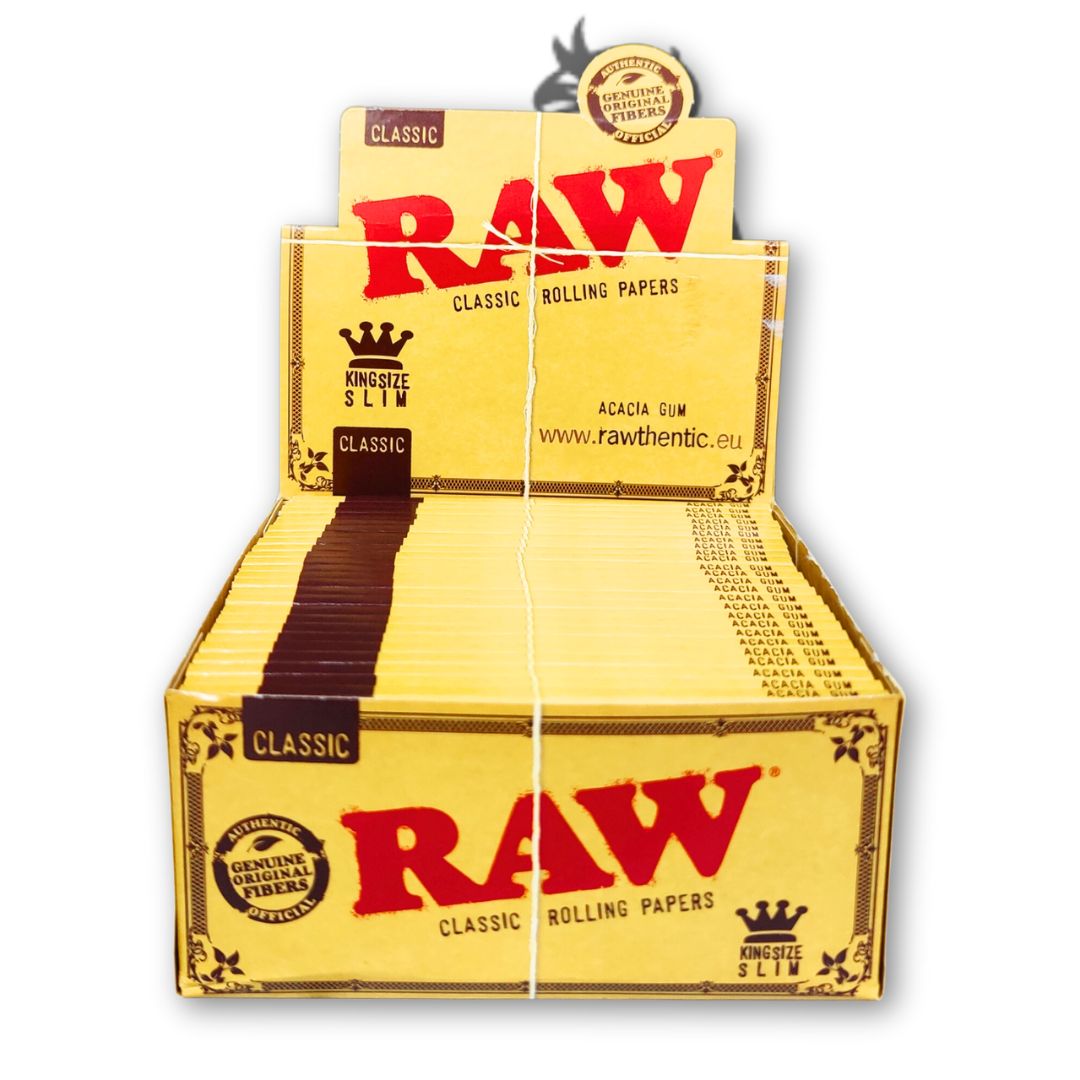 Box of Raw rolling papers with red and yellow design on a white background